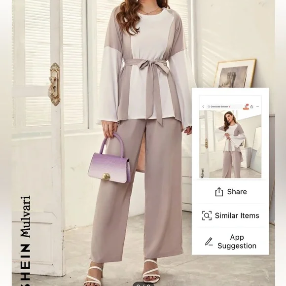 SHEIN Mulvari Colorblock Trumpet Sleeve Blouse
& Belted Pants - Picture 4 of 6